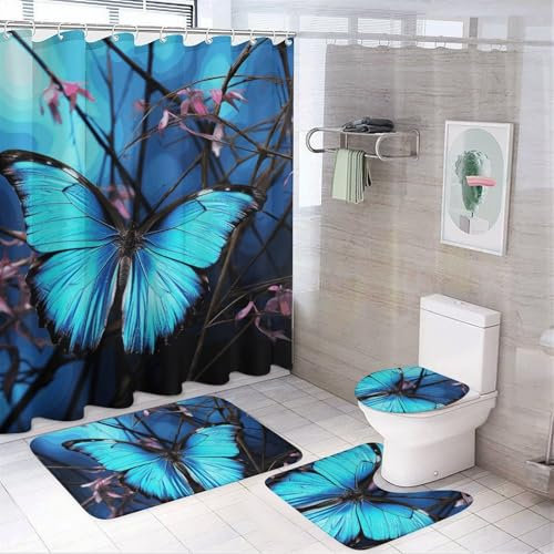Ensemble de 4 rideaux de douche avec tapis antidérapants et tapis de bain, motif papillon bleu et bambou