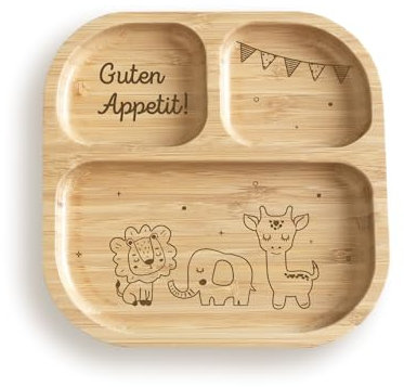hellomini Babyteller mit Saugnapf – Individueller Kinderteller aus hochwertigem Bambusholz – Geschenk zur Geburt & Taufe – BPA-frei (Safari - ohne Name, Nur Teller)