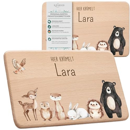 KIDSMOOD - Holzbrett Küche – Kinder Brettchen aus Holz, Personalisiert mit Namen, Schneidebrett holz für die Spielküche, Geschenk zur Geburt, Taufe, Geburtstag und Baby Geschenk - Waldtiere