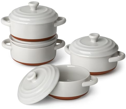 MALACASA Mini Cocotte 440 ml - Set di 4 Casseruole in Porcellana con Coperchio e Manico, Ideali per Lasagne Monoporzione, Soufflé, Zuppe, Adatte a Forno, Microonde e Lavastoviglie, Serie TARA.BAKE