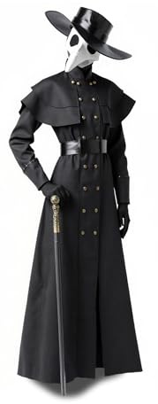 Wildarms Disfraz Doctor Peste medieval adulto unisex, abrigo largo negro con capa, cosplay steampunk gótico para Halloween, carnaval y fiestas temáticas, estilo histórico