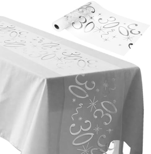 ddckj Tischläufer 30 Geburtstag 28 cm x 10 m Tischdeko Geburtstag Zuschneidbar Tisch Deko Silbrig Männer und Frauen für Geburtstagsparty Jubiläumsfeier