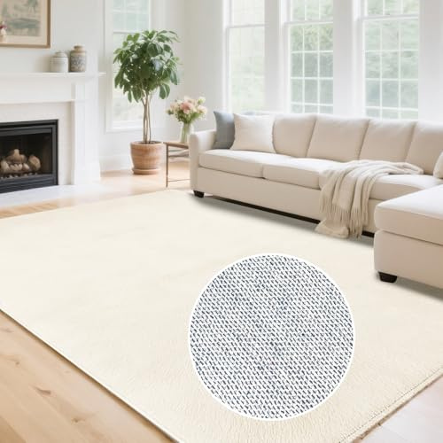 HiChiclife Flacher Kurzflor Teppich Creme 200x280 (ca. 0,5 cm) – Waschbar & rutschfest mit TPE – Leicht, weich & ideal für Saugroboter & Alltag