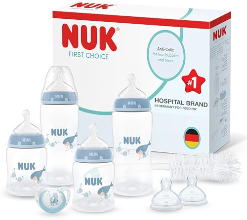 NUK First Choice Perfect Start Set Biberon | 0-6 Mesi | 4 x Biberon Anti-Colica (150 ml, 300 ml), 2 x Tettarelle, 1 x Succhietto First Choice, 1 x Scovolino per Biberon | Balena | 8 Pezzi