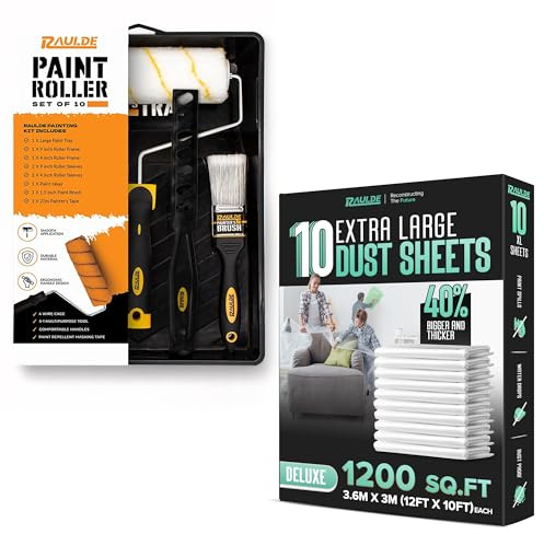 10 Pcs Paint Roller Set with 10x Large Dust Sheets – Complete Painting Kit with Rollers, Brushes, Trays, Masking Tape & Plastic Sheets for Walls, Ceilings & Furniture Protection
