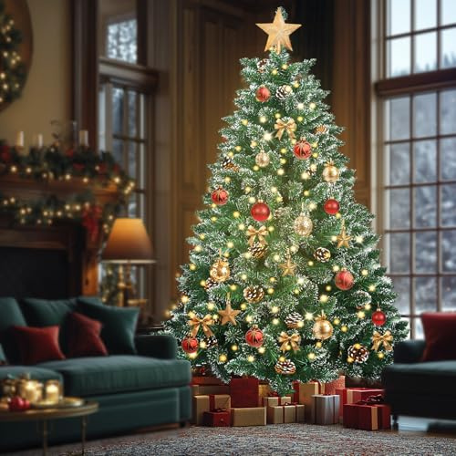 Soontrans Pre-lit Weihnachtsbaum mit Beleuchtung Winterzauber Künstlicher Weihnachtsbaum mit Gefrostete Spitzen & 100 Warmweiß LEDs mit 8 Leuchtmodi & 200 PVC-Zweigen & 15 Tannenzapfen (H120 cm