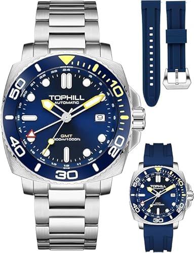 TOPHILL Herrenuhr Taucheruhr Automatik NH34 Uhrwerk GMT 30ATM Superluminova Saphirglas Datumsfenster mit Silikonarmband & Edelstahlarmband (Blau)