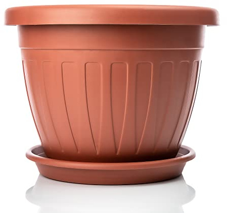 BigDean 50cm Blumentopf mit Untersetzer rund Farbe Terracotta wetterfest | Wetterfester Pflanzkübel, Wasserablauf, UV-beständig aus bruchsicherem Kunststoff, Innen & Außen geeignet - Made in Europe