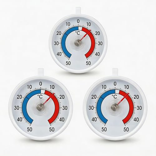 Lantelme Kühlschrankthermometer 3 Stück zum Aufhängen | Ø 7cm | Temperatur + - 50°C Analog | Thermometer Weiß für Gefrierschrank Eisfach Kühltheke Kühlzelle Kühlfach Kühlschrank | Bimetall Analog