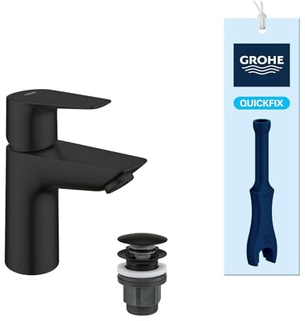 GROHE StartEdge, energiesparende Waschtischarmatur, Kaltwasser in Mittelstellung (Wasserhahn für das Bad, 17cm hoch, Push-Open Ablauf, inkl. 3in1 Tool, einfache Installation), mattschwarz, 239002431