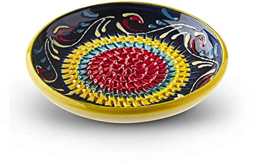 Garlic Grater Plate. (#Ref 9). Handmade and Hand Painted in Cordoba, Spain. Blue Plate with Yellow, Blue and red Circles. Flamingo.