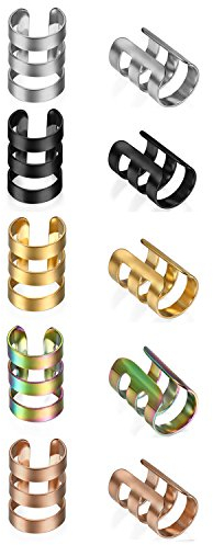 Aroncent 5 Paar Non-Piercing Ohrclips Ohrringe Set Edelstahl 3 Reihen Streifen Poliert Ohrklemme Ohr Klammern Ear Cuff Fake Piercing Ohne Loch für Damen Herren, Silber Gold Rosegold Schwarz Farbig