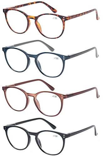 Kerecsen 4 Pack Retro Round Reading Glasses Men Women Spring Hinges Lightweight Quality Readers (0.75, 4 Pack Mix Color)