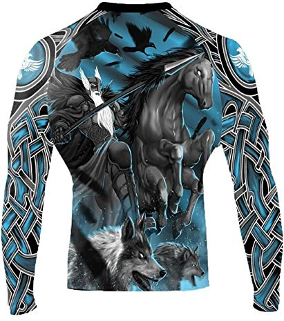 Rash Guard Men's Raven The Gods of Scandinavia Odin - Compression Shirt Long Sleeve - MMA Fitness BJJ Grappling Black/Blue