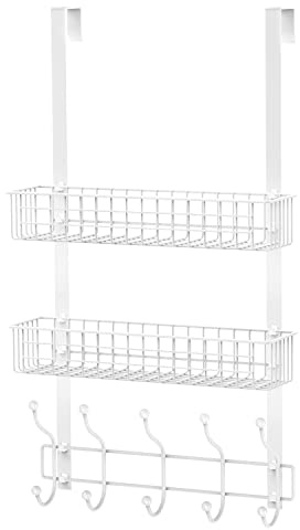 MILIJIA Coat Rack, Over the Door Hanger with Mesh Basket, Detachable Storage Shelf for Towels, Hats, Handbags, Coats (White-2 Baskets)
