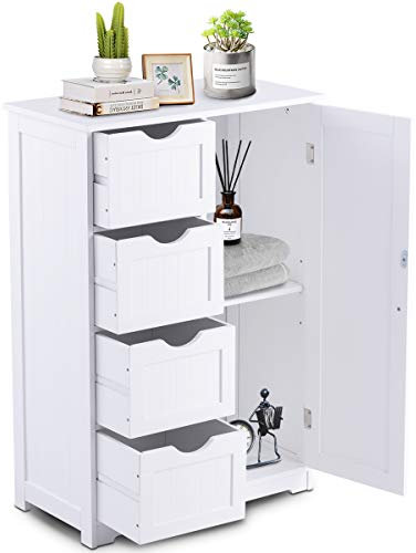 GOPLUS Meuble de Salle de Bain avec 4 Tiroirs, Meuble Rangement Placard avec Porte Magnétique, Anti-Basculement & Étagère Réglable, 56x30x82cm, Blanc