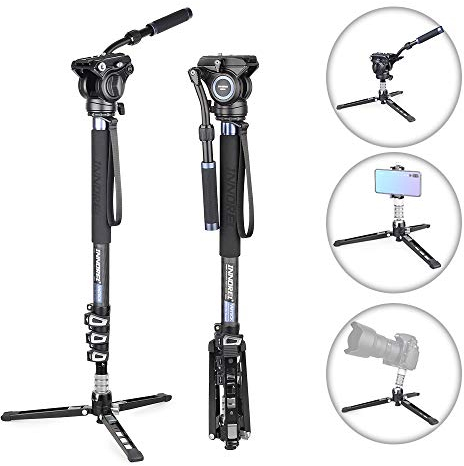 Carbon Fiber Video Monopod Kit-VM70CK Professional Hydraulic Fluid Head Monopod Removeable Multifunctional Travel Tripod Stand for Gopro DSLR Camera Telescopic Camcorders, Max Load 22 pounds/10 kg