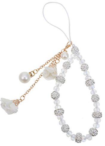 UKCOCO Handy-Handschlaufe - Kristall Perlen Telefon Handschlaufe mit Blumenanhänger rutschfest Armband Telefon Hand Lanyard Handy Charm Hand Handschlaufe Kurze Schnur (Weiß)