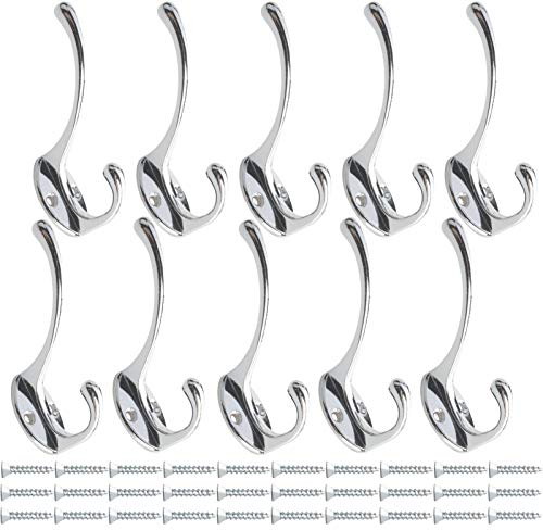 Beilala 10 Pack Chrome Double Coat Hooks for Wall Door with Screws Antique Robe Hook for Haning Clothes, Hat, Scarf, Bag, Towel, Key, Cup, Cap (Silver)