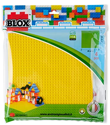 Simba 104114556 - Blox, 4X Bauplatte, je 25x25cm, gelb, grau, grün, blau, hohe Qualität, beidseitig bespielbar, vollkompatibel mit vielen Anderen Herstellern, Grundplatte Bausteine, ab 3 Jahren