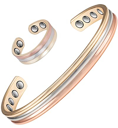 Dreifarbiges goldfarbenes reines Kupfer-Armband und Kupferringe für Frauen, magnetisches Kupfer-Schmuckset, Geschenk-Set für Frauen, 17 cm, Kupfer