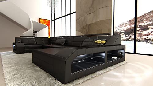 Sofa Wohnlandschaft Arezzo U Form Leder - mit LED Beleuchtung, verstellbare Kopfstützen, Recamiere/Lederfarben wählbar/Ausrichtung Ottomane wählbar (Ottomane rechts, Black)