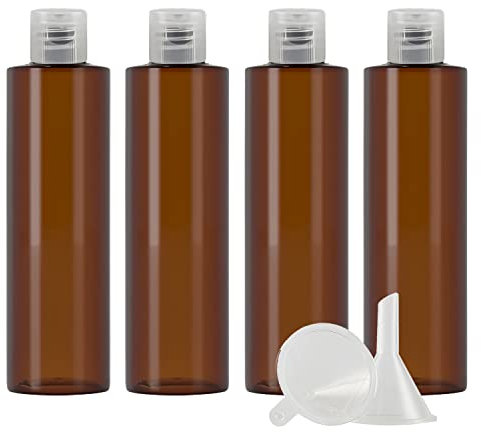 ZEOABSY 4 Pieces Empty 250ml Brown Plastic PET Bottles with Clear Flip Cap, Flat Shoulder Cosmetic Bottle for Travel Gel Soap Toner Refillable Sample Containers