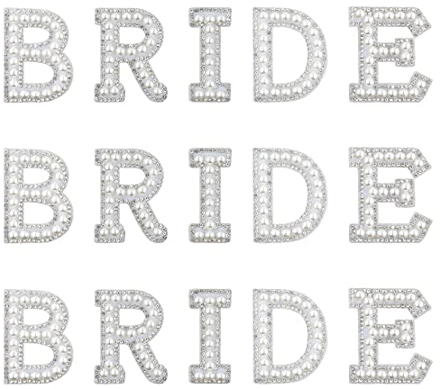 AIEX 15pcs Letter Sew On Patches, Sewing Letters Patches Bling Rhinestone Iron On Bride Patches with Patches Fabric Applique Letter Patches Pearl Patches for Clothing Hats Shoes