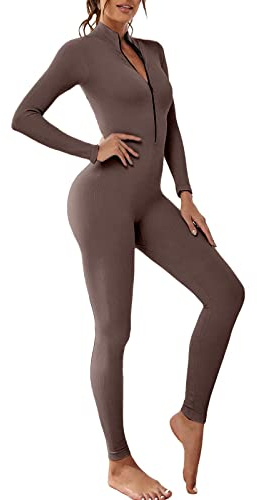OEAK Damen Sport Jumpsuit Lang Eng Yoga Overall Langarm V-Ausschnitt Playsuits mit Reißverschluss Jogging Strampler Hosenanzug Trainingsanzug,Kaffee,M