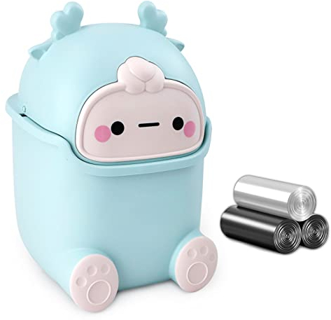 QLFJ-FurDec Mini Desk Bin with Lid, Cute Small Desktop Bins and 3 Rolls Bin Liners, Cartoon Tea Bag Bin 15.5 * 14 * 23.5cm, Waste Paper Dustbin for Vanity Tabletop, Office, Teenagers Bedroom (Blue)