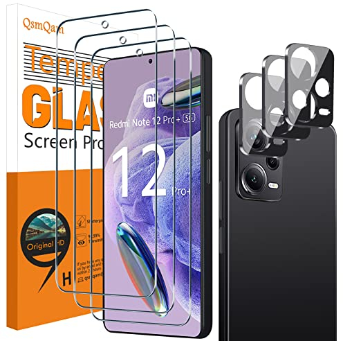 QsmQam 3 Piezas Protector de Pantalla para Xiaomi Redmi Note 12 Pro 5G/Note 12 Pro+ 5G/Note 12 Pro Plus 5G + 3 Piezas Protector de Lente de Cámara,Dureza 9H Cristal Templado,Anti Arañazos,Sin Burbujas