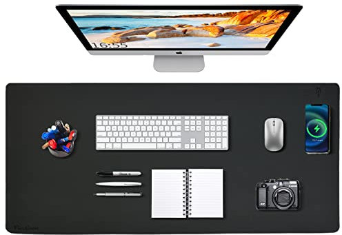 Desk Mat Wireless Charging Mouse Pad Large 32x16 Journey Desk Pad Mat with Wireless Charger Waterproof Black Leather Computer Mat with Phone Charger Mousepad Non-Slip for Keyboard and Mouse
