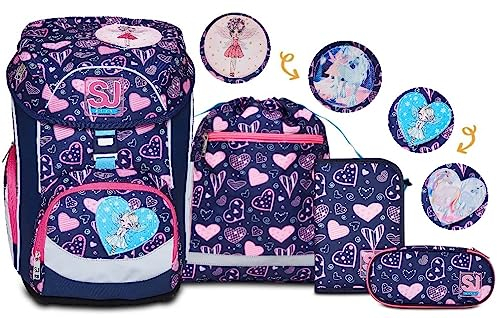 SJ Schulranzen set 4-teilig Ergonomischer Schulrucksack, Ultraleichte Schultasche, 22 LT, ab 1. Klasse mit Mäppchen und Turnbeutel, Kinder Grundschule Mädchen Junge, violett