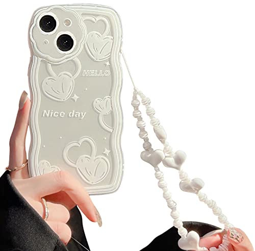 NITITOP Compatible for iPhone 14 Case, Cute Oil Painting Love Pattern with Heart Beaded Lanyard Wrist Strap for Women Girls, Soft TPU Full Protective Cover for iPhone 14- White Heart