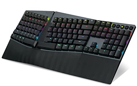 Perixx PERIBOARD-835BR - Teclado mecánico ergonómico con iluminación RGB inalámbrico, interruptores marrones táctiles planos, teclas programables, compatible con Windows/Mac OS X, US QWERTY, 12267