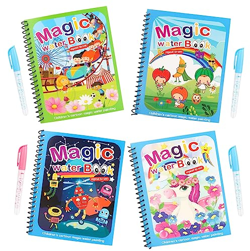 Livre de Dessin de l'eau,4 Pièces Magic Water Book Réutilisable avec 4 Stylos,Livre de Peinture à l'eau pour Enfants, Livres D'eau Griffonner Jouets L'eau Magique Conseil de Peinture PR Enfants Dessin