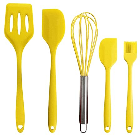 Silicone Rubber Kitchen Supplies Set Baking Tools 5PCS (Small Scraper + Large Scraper + Egg Beater + Leak Spatula + Small Oil Brush) Yellow