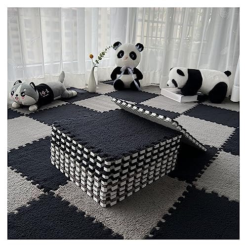 12-teilige Puzzle-Spielmatte, Flauschige Plüsch-Teppichfliesen, Quadratisches Schaumstoff-Teppich-Set, Schaumstoff-Bodenfliesen Für Spielzimmer, Schlafzimmer, 30 X 30 cm(Color:Schwarz+Grau)