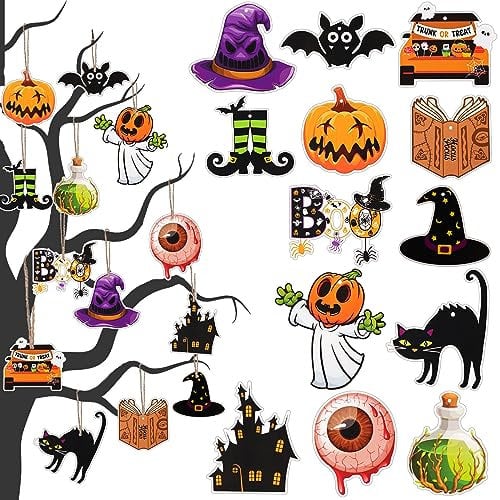 COLOFALLA 26pcs Halloween Tree Decorations Hanging Ornaments Paper Halloween Tags with Jute Ropes Pumpkin Bat Witch Hat for Halloween Tree Wall Window Decorations