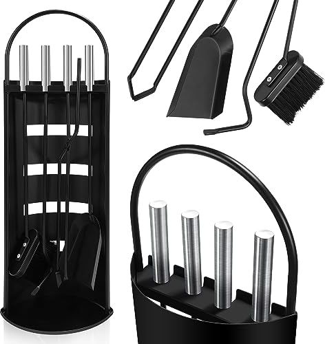 Herrselsam Kaminbesteck Set 5 teilig Kaminzubehör mit praktischer Kaminaufbewahrung für Küche Haushalt Wohnen Wohnaccessoires Deko Kaminreinigungsset Kaminwerkzeuge Schwarz