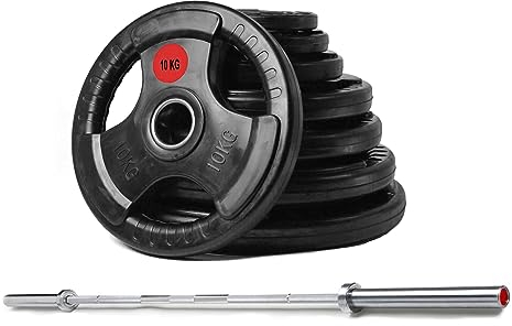 Strongway® Olympic 50KG 70KG 100KG Tri Grip Weight Plates Sets with 6FT 7FT Barbell - 2 Inch (2) / 50mm Hole - Rubber Coated Cast Iron Weight Lifting Bar (50KG SET + 7FT BAR)