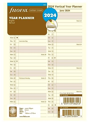Filofax Kalender-Tagebuch-Nachfüllung, A5, vertikaler Jahresplaner, cremefarbenes Papier, Englisch, 2024 (C68508-24)