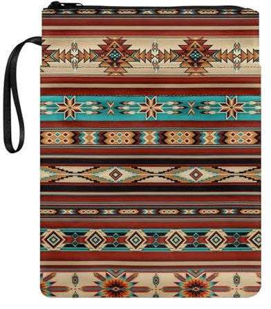 NETILGEN Buchhülle im Azteken-Stil, mit Reißverschluss und Vordertasche, Stifthalter, Geschenk für Buchliebhaber, waschbar, Stoff, Buchschutz, Taschenbuch, Buchhülle, Braun