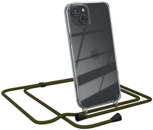 EAZY CASE Handykette kompatibel mit iPhone 15 Plus Handyhülle mit Umhängeband, Handykordel mit Schutzhülle, Silikonhülle, Hülle mit Band, Stylische Kette für Smartphones, Grün - Clips Schwarz