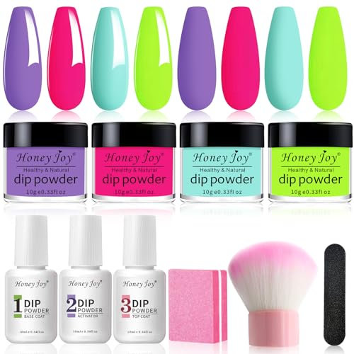 Honey Joy Dip Powder Nail Kit Starter,4 Colors Spring Summer Neon Bright Green Purple Dipping Powder Liquid Set with Base Top Coat for Nail Art Manicure Salon DIY No LED Nail Lamp Needed,Dip-7pcs-02