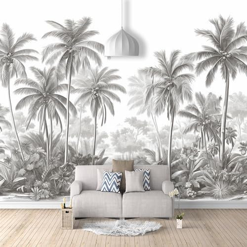 SPECUFX Papier Peint 3D Panoramique Cocotiers de la forêt tropicale humide noir et blanc 350x256cm Pour Salon Chambre Enfant Chambre Décoration Murale Moderne Poster Tableaux Photo Muraux