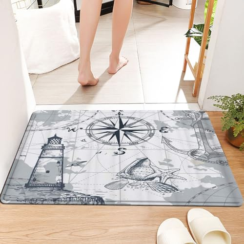 Badematte 60x100 cm rutschfest,Handgezeichnete Seekarte mit Kompass-Leuchtturm-Anker und Muscheln,Badvorleger Maschinenwaschbar Anti-Rutsch Badteppich Weich Badematten Mikrofaser Badezimmerteppich