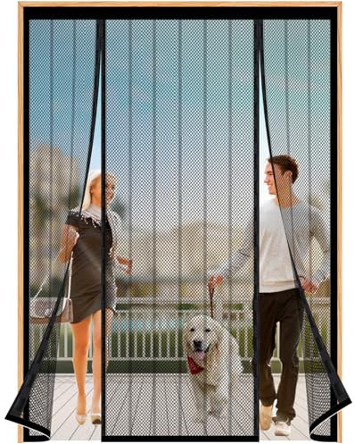 Double Door Magnetic Fly Screens for Doors - 150(38/74/38) x200cm Double Door Screen Curtain, Powerful Magnets, Full Frame Hook and Loop for Patio Door, Sliding Door, Double Door, French Door