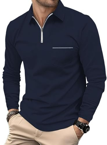 HMIYA Herren Poloshirt-Langarm Poloshirt aus Baumwolle Atmungsaktiv Casual T-Shirt mit Tasche,Navy,4XL