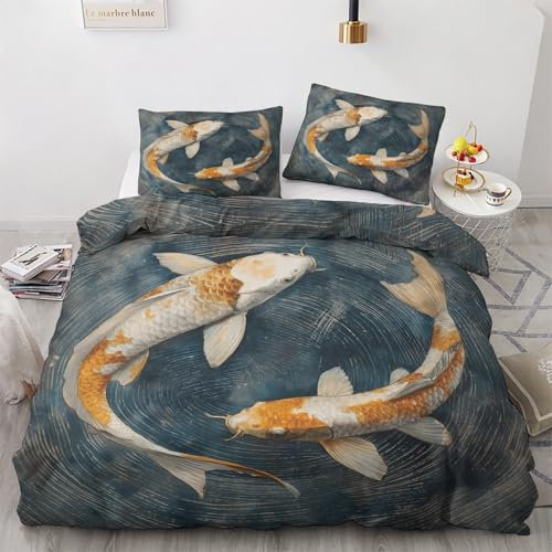 Generisch Bettwäsche 140x200 Koifisch, Japanisch Bettbezug 2er Set, Wendebettwäsche und 1 Kissenbezug 70x90, Weiche Bügelfreie Mikrofaser Bettwäsche-Sets mit Reißverschluss (L&-2991)
